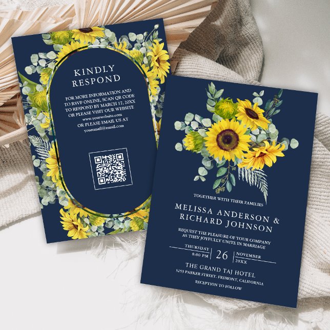 Sunflowers Eucalyptus QR Code Navy Blue Wedding Invitation (Creator Uploaded)