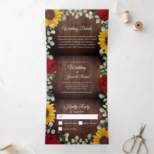 Sunflowers Eucalyptus Red Rose Wood Budget Wedding Tri-Fold Invitation