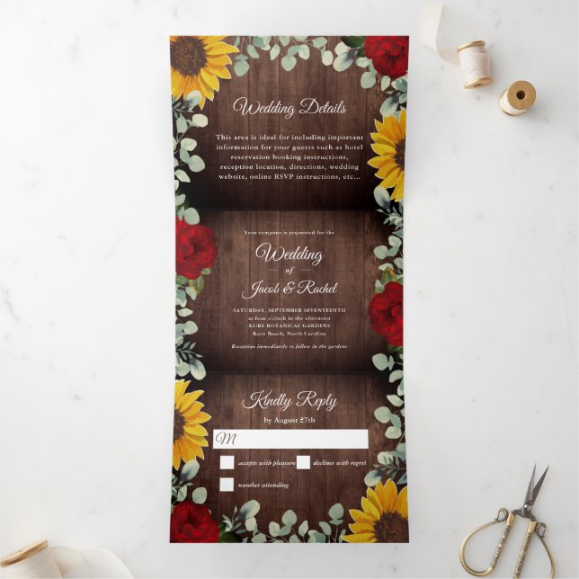 Sunflowers Eucalyptus Red Rose Wood Budget Wedding Tri-Fold Invitation (Inside)