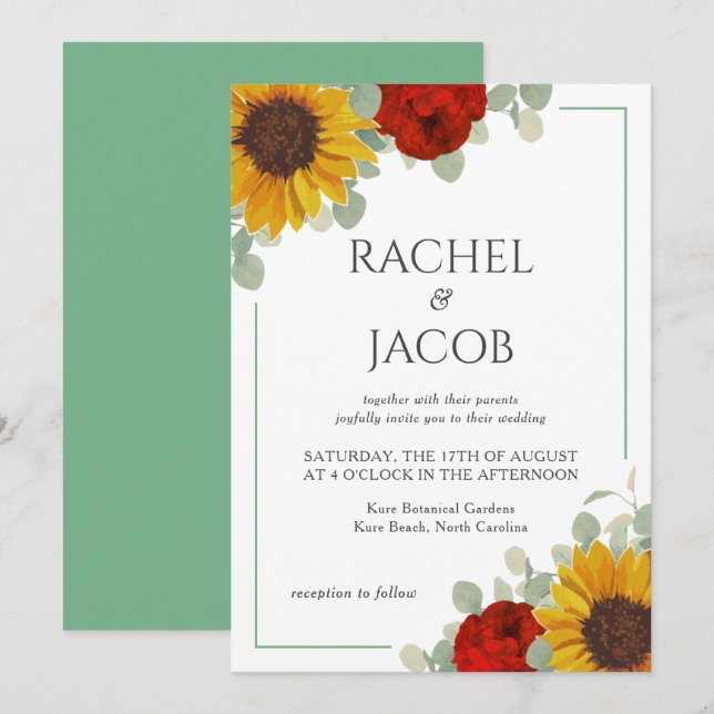Sunflowers Eucalyptus Roses Modern Wedding Invitation (Front/Back)