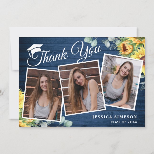 Sunflowers Eucalyptus Rustic 3 PHOTO Graduation  T Thank You Card (Front)