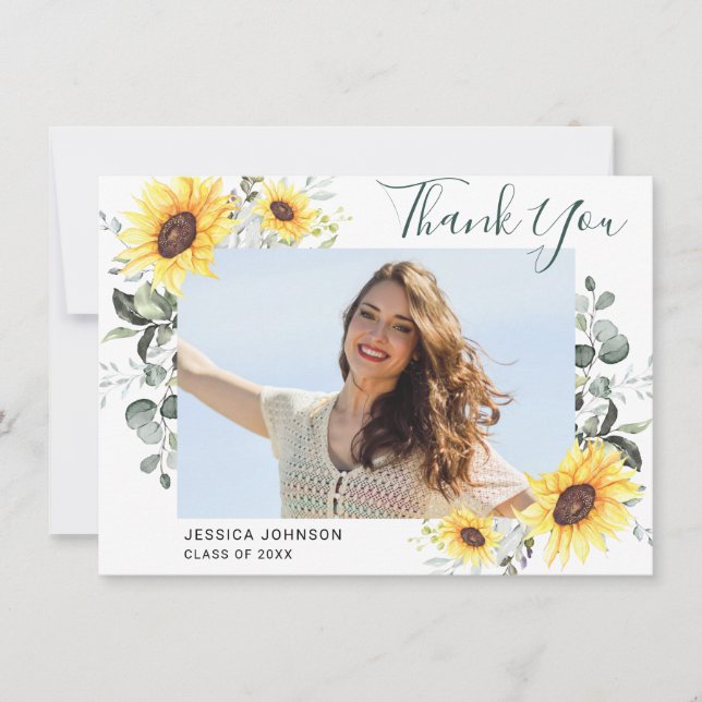 Sunflowers Eucalyptus Rustic 3 PHOTO Graduation Thank You Card (Front)