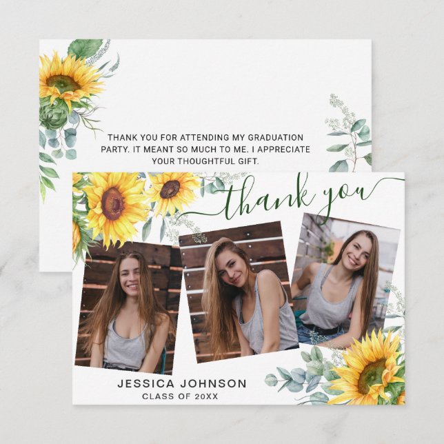 Sunflowers Eucalyptus Rustic 3 PHOTO Graduation Thank You Card (Front/Back)