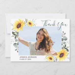 Sunflowers Eucalyptus Rustic 4 PHOTO Graduation Thank You Card