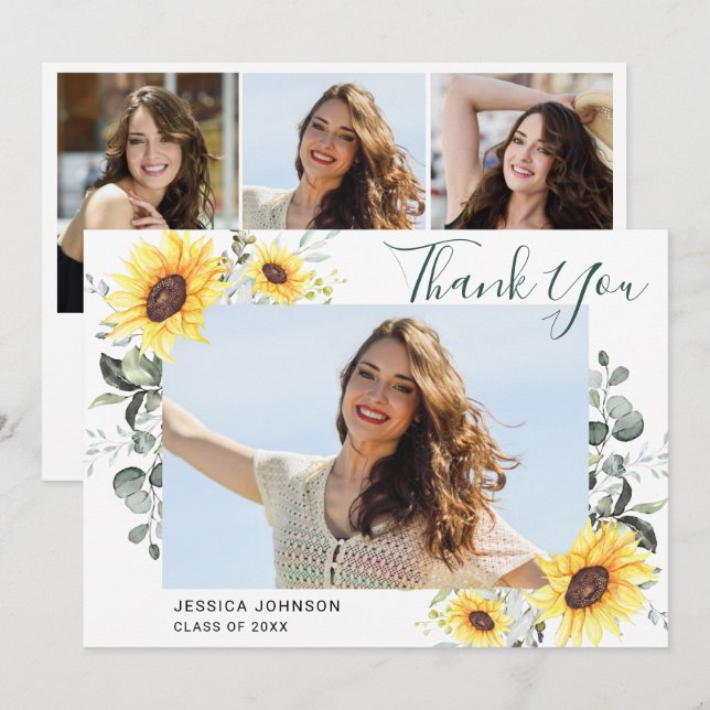 Sunflowers Eucalyptus Rustic 4 PHOTO Graduation Thank You Card (Front/Back)