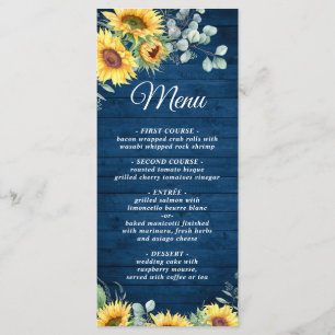 Sunflowers Eucalyptus Rustic Blue Wood Wedding Menu