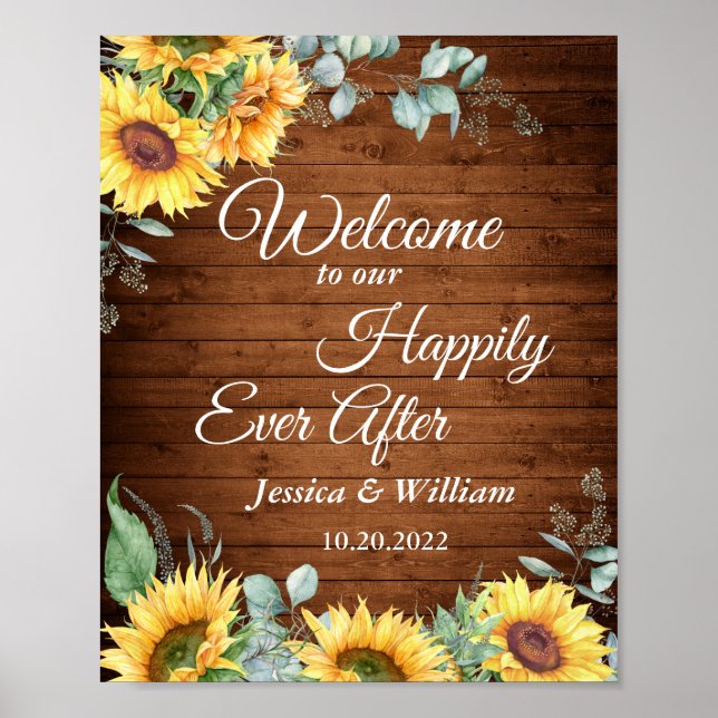Sunflowers Eucalyptus Rustic Wedding Welcome Sign (Front)