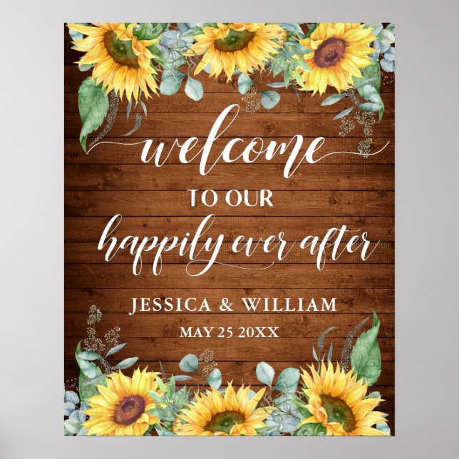 Sunflowers Eucalyptus Rustic Wedding Welcome Sign (Front)