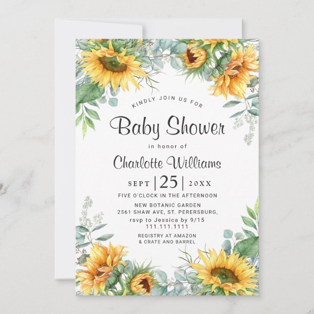 Sunflowers Eucalyptus Watercolor Baby Shower Invitation (Front)