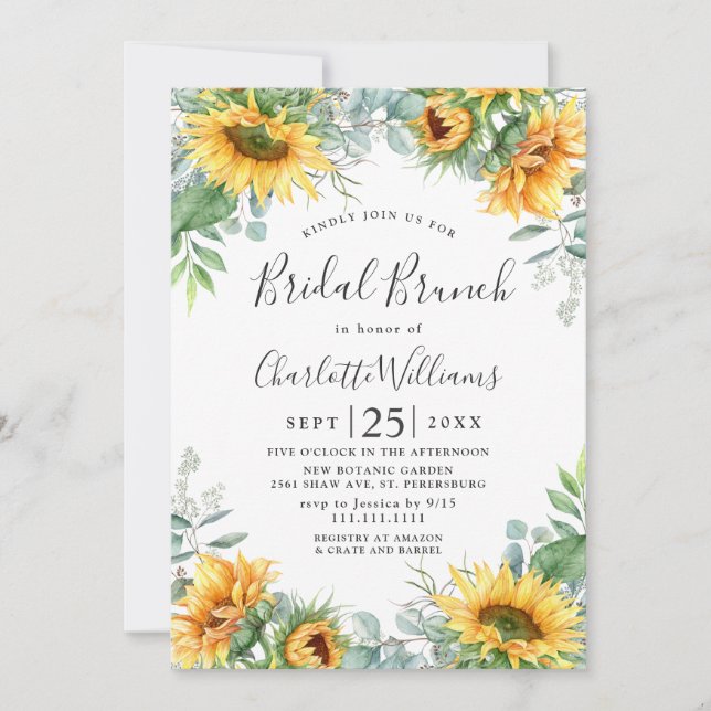 Sunflowers Eucalyptus Watercolor Bridal Brunch Invitation (Front)