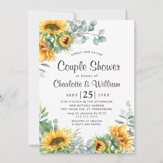 Sunflowers Eucalyptus Watercolor Couple Shower Invitation (Front)