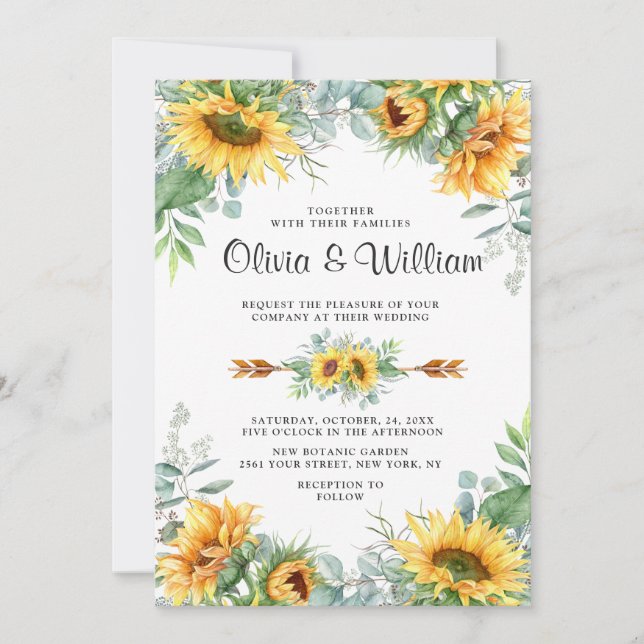 Sunflowers Eucalyptus Watercolor Rustic Wedding Invitation (Front)