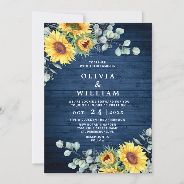 Sunflowers Eucalyptus Watercolor Rustic Wedding Invitation (Front)