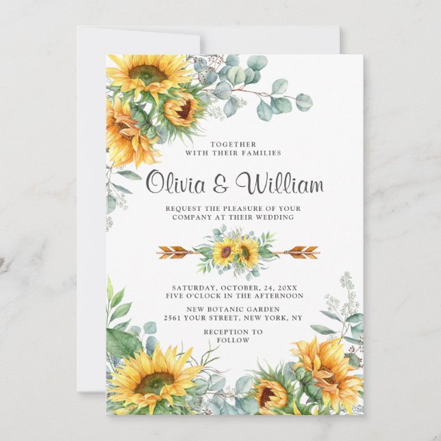 Sunflowers Eucalyptus Watercolor Rustic Wedding Invitation (Front)