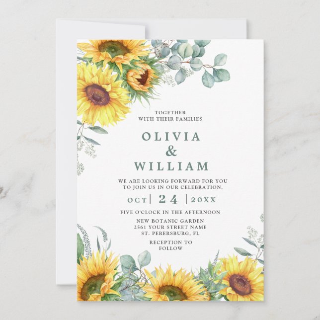 Sunflowers Eucalyptus Watercolor Rustic Wedding Invitation (Front)