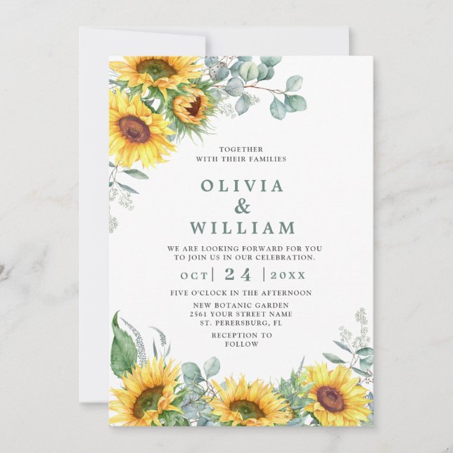 Sunflowers Eucalyptus Watercolor Rustic Wedding Invitation (Front)