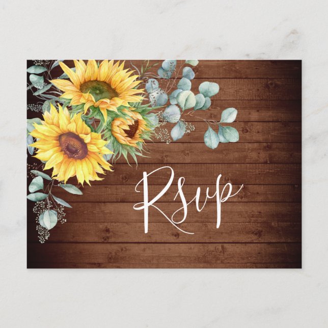 Sunflowers Eucalyptus Watercolor Wedding RSVP Postcard (Front)