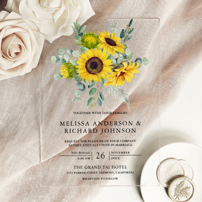 Sunflowers Eucalyptus Wedding Acrylic Invitations (Creator Uploaded)