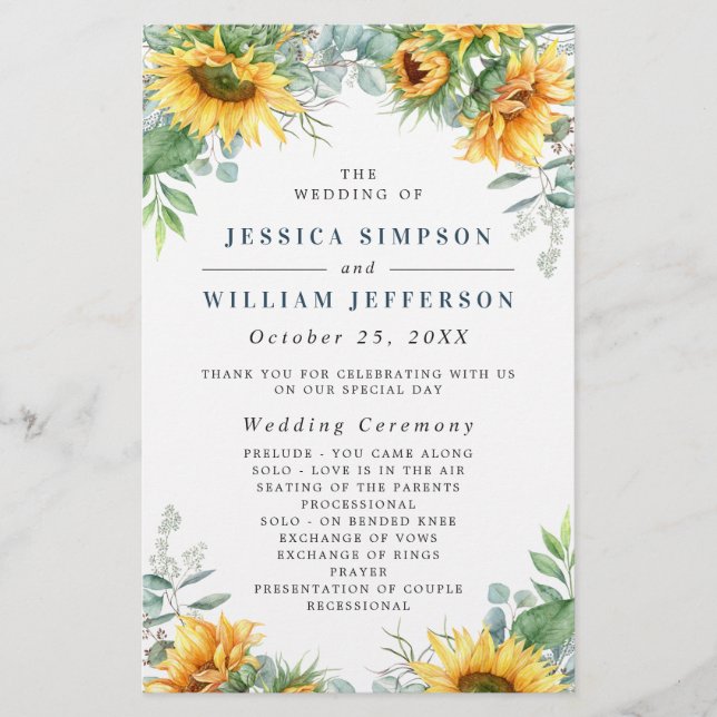 Sunflowers Eucalyptus Wedding Ceremony Program (Front)