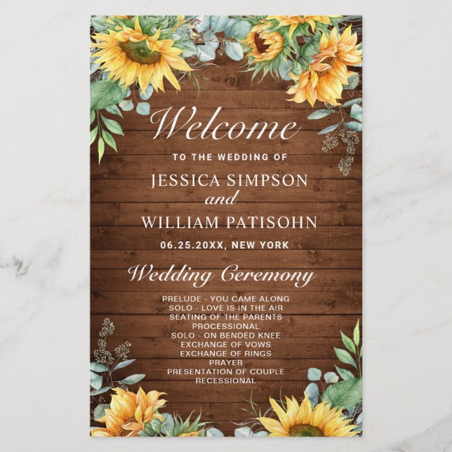 Sunflowers Eucalyptus Wedding Ceremony Program (Front)