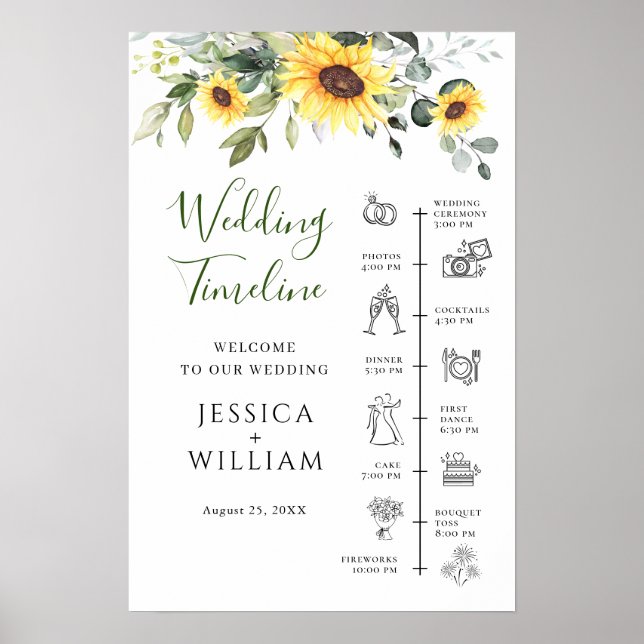 Sunflowers Eucalyptus Wedding Day Timeline Poster (Front)