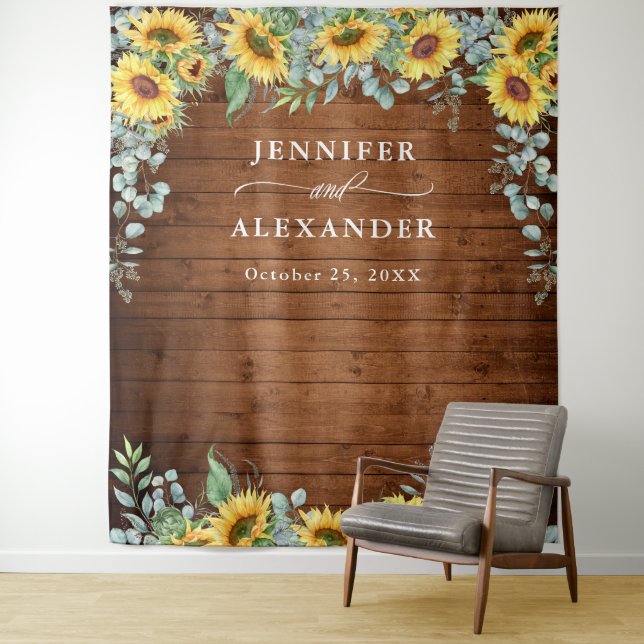 Sunflowers Eucalyptus Wedding Photo Booth Backdrop Tapestry (In Situ)