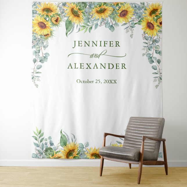 Sunflowers Eucalyptus Wedding Photo Booth Backdrop Tapestry (In Situ)