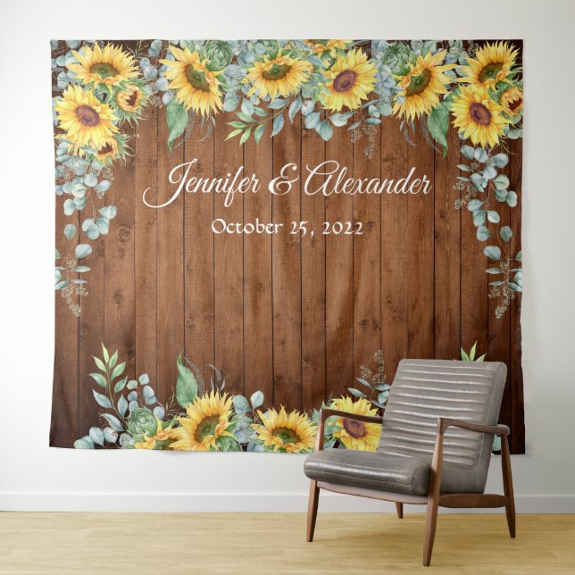 Sunflowers Eucalyptus Wedding Photo Booth Backdrop Tapestry (In Situ (Horizontal))
