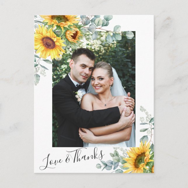 Sunflowers Eucalyptus  Wedding Photo Thank You Postcard (Front)