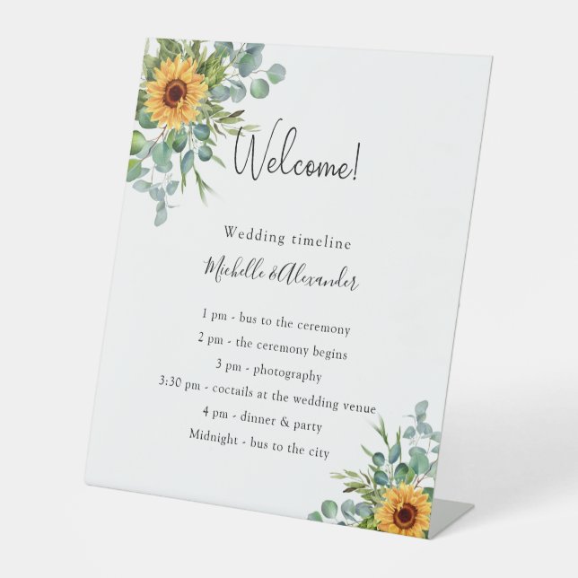 Sunflowers eucalyptus wedding program details pedestal sign (Front)