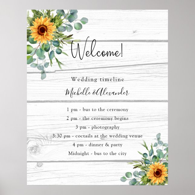 Sunflowers eucalyptus wedding program wood details poster (Front)