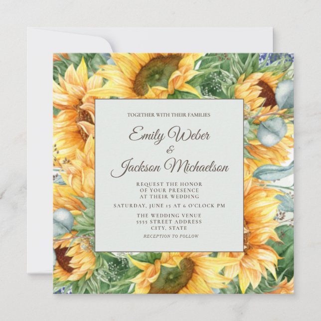 Sunflowers Eucalyptus Wedding Square Invitation (Front)