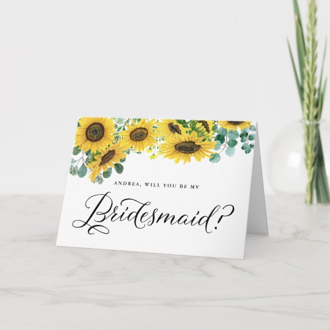 Sunflowers & Eucalyptus Will You Be My Bridesmaid Card (Front)