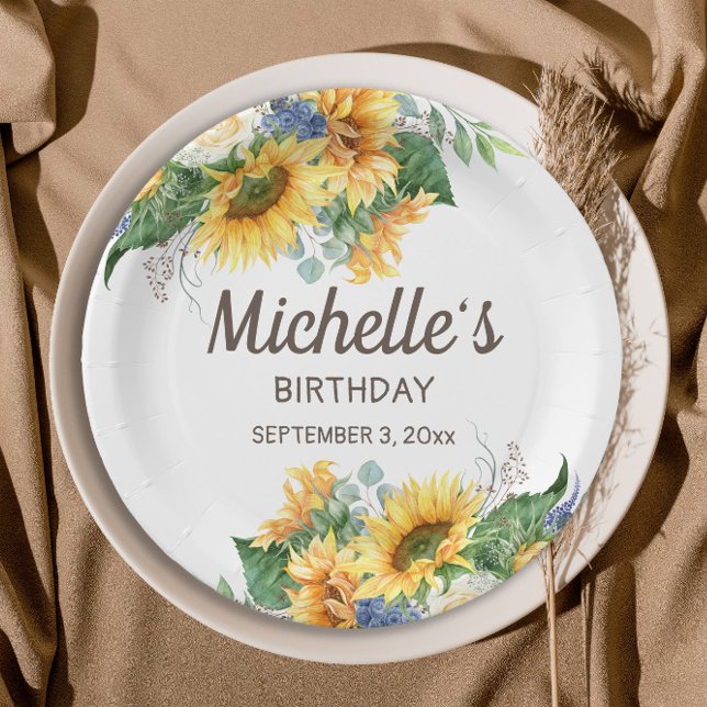 Sunflowers Eucalyptus Woman's Birthday Name Date Paper Plate (Sunflowers and eucalyptus birthday party paper plates)