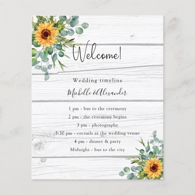 Sunflowers eucalyptus wood wedding program details (Front)