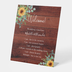 Sunflowers eucalyptus wood wedding program details pedestal sign