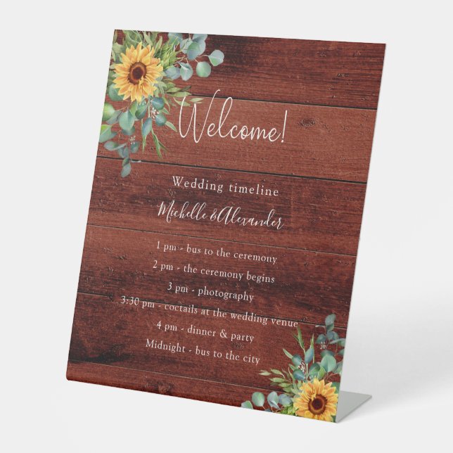 Sunflowers eucalyptus wood wedding program details pedestal sign (Front)