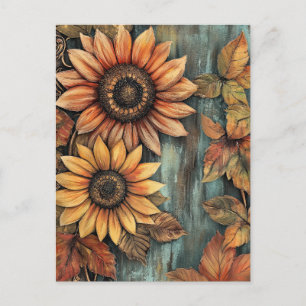 Sunflowers Fall Autumn Leaves Mixed Media Postcard