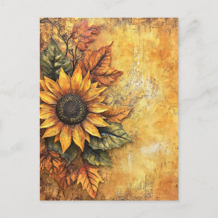 Sunflowers Fall Autumn Leaves Mixed Media Postcard