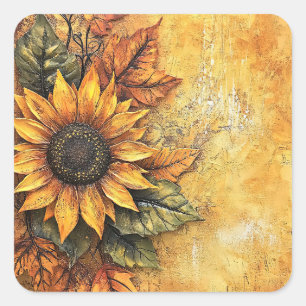 Sunflowers Fall Autumn Leaves Mixed Media Square Sticker