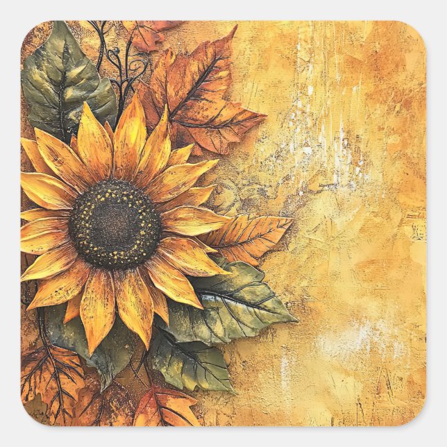 Sunflowers Fall Autumn Leaves Mixed Media Square Sticker (Front)