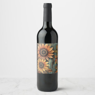 Sunflowers Fall Autumn Leaves Mixed Media Wine Label