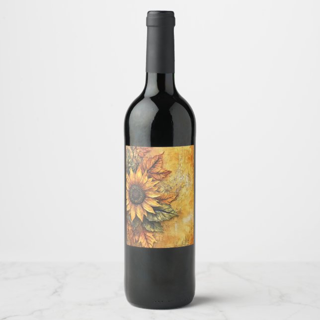 Sunflowers Fall Autumn Leaves Mixed Media Wine Label (Front)