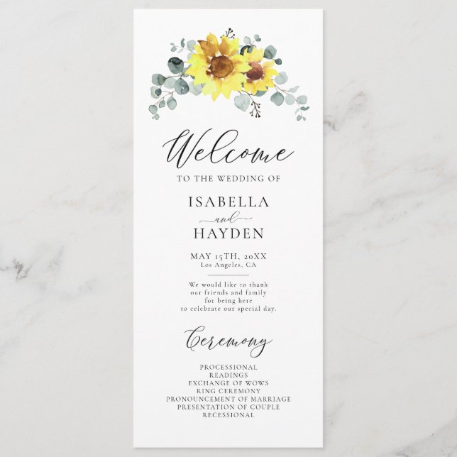 Sunflowers Fall Floral Rustic Eucalyptus Wedding Programme (Front)