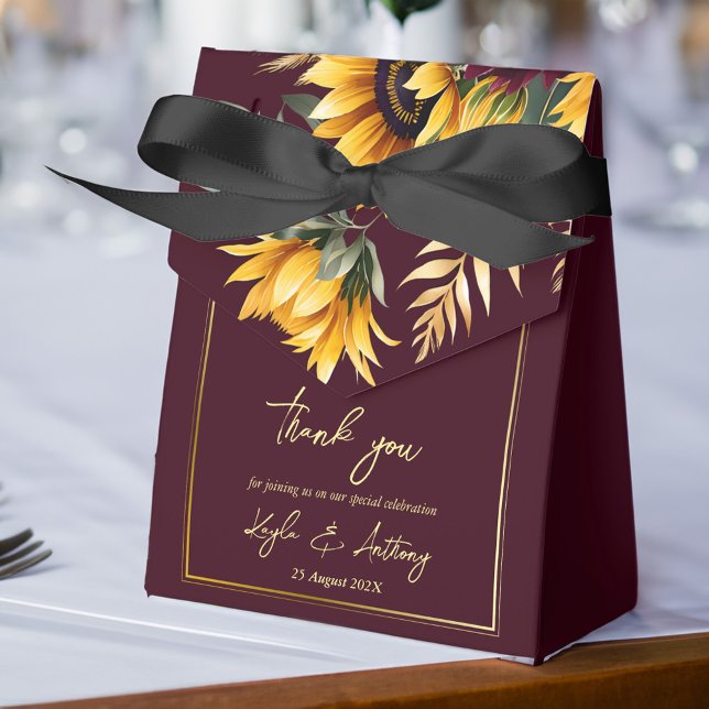 Sunflowers fall summer wedding burgundy  favour box (Sunflower wedding favors burgundy favor box fall summer wedding sunflower themed favor box)