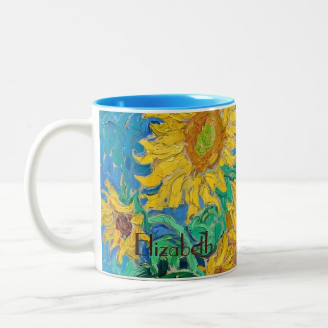 Sunflowers Field Red Orange Yellow Blue Van Gogh Two-Tone Coffee Mug (Left)