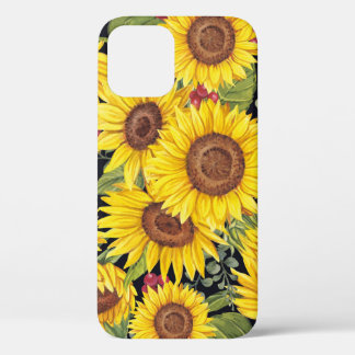 Sunflowers field: watercolor black background iPhone 12 case