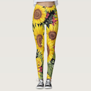 Sunflowers field: watercolor black background leggings