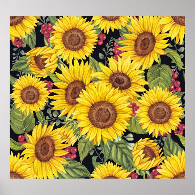 Sunflowers field: watercolor black background poster (Front)