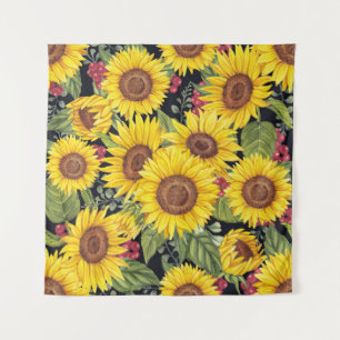 Sunflowers field: watercolor black background tapestry